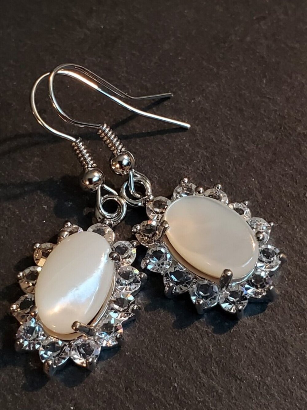 Elegant Mother Pearl Shell Oval Cab Lab Diamonds Silver Platinum Plated Earrings - Picture 3 of 7